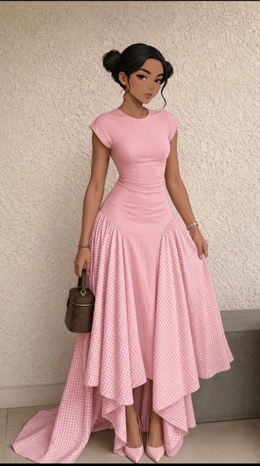 A woman with dark hair in double buns stands against a textured wall wearing a fitted pink dress with a flowing gingham high-low skirt, holding a small handbag. The elegant, feminine outfit complements the cheerful "happy sunday" message, setting a stylish and optimistic tone for the week ahead.