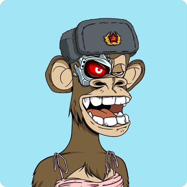 An illustration of an anthropomorphic monkey wearing a grey military cap and a robotic eye, representing Bored Ape Yacht Club asset #5694.