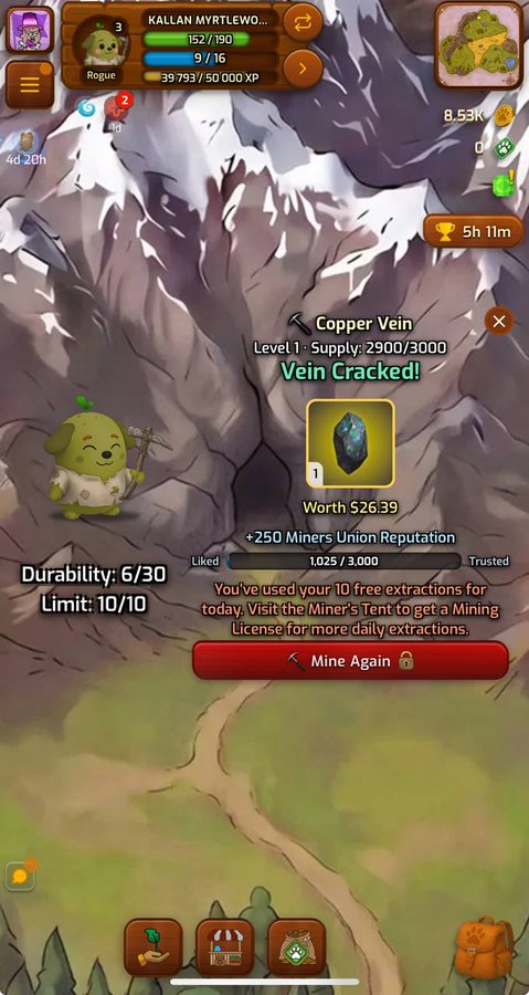 A mobile game screenshot shows a "Copper Vein" mining interface where a "Vein Cracked!" message appears above an item worth "526.39" for a Level 3 "Rogue" named "KALLAN MYRTLEWO..."