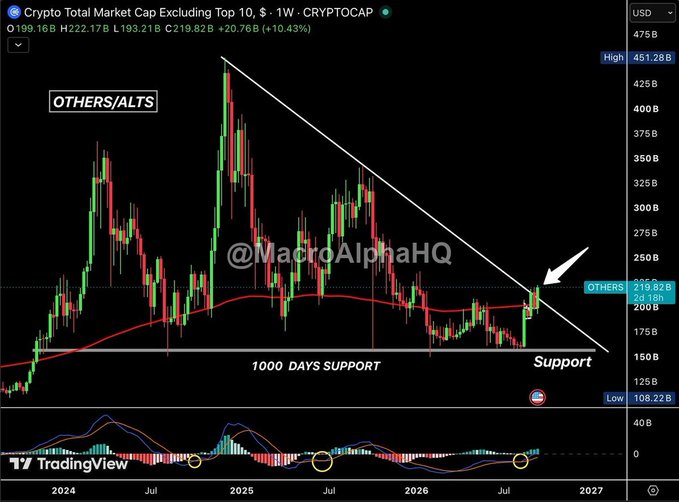 A TradingView weekly chart showing Crypto Total Market Cap Excluding Top 10 at 199.16B (+10.43%), with a descending triangle pattern marked and "OTHERS/ALTS" and "1000 DAYS SUPPORT" labeled, by @MacroAlphaHQ.