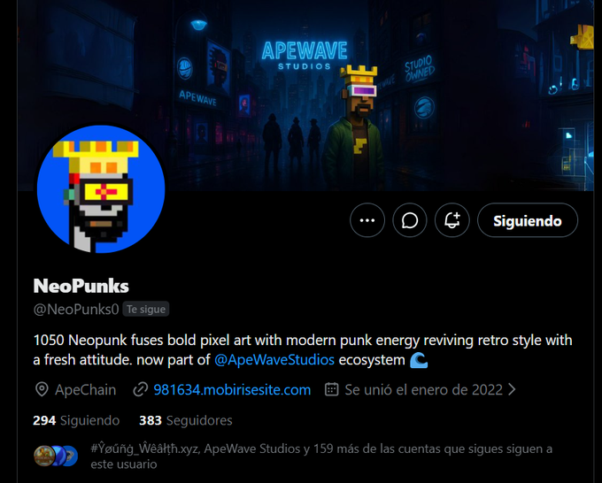 A Twitter profile page for 'NeoPunks' (@NeoPunks0) displays pixel art branding and a bio reading '1050 Neopunk fuses bold pixel art with modern punk energy reviving retro style with a fresh attitude. now part of @ApeWaveStudios ecosystem', with the ApeWave Studios banner.