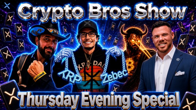 A promotional graphic for the 'Crypto Bros Show' with the text 'Thursday Evening Special' shows three men and a horned demon figure against a background of X (XRP) logos.