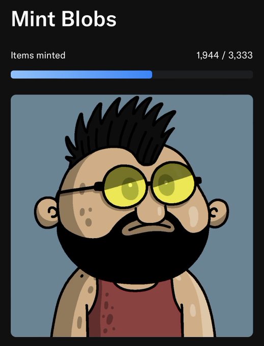 A cartoon avatar of a bearded man with yellow-tinted sunglasses and freckles is displayed beneath a "Mint Blobs" header showing a progress bar with 1,944 out of 3,333 items minted (approximately 58% complete), indicating an ongoing NFT collection mint on OpenSea.