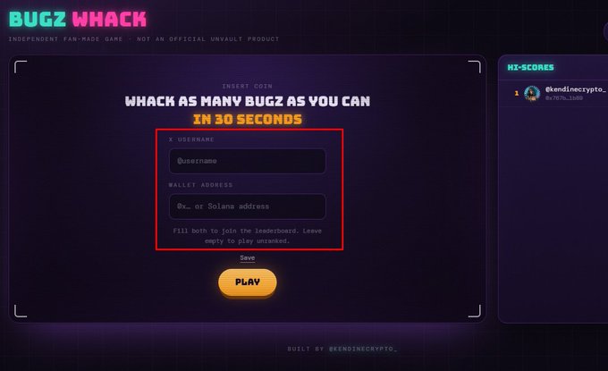 This image shows the "Bugz Whack" game interface, featuring input fields for "X USERNAME" and "WALLET ADDRESS," and a "HI-SCORES" leaderboard with "@kendinecrypto" at rank 1. The game is built by "@kendinecrypto" and the surrounding post mentions potential WL spot rewards for top leaderboard players.