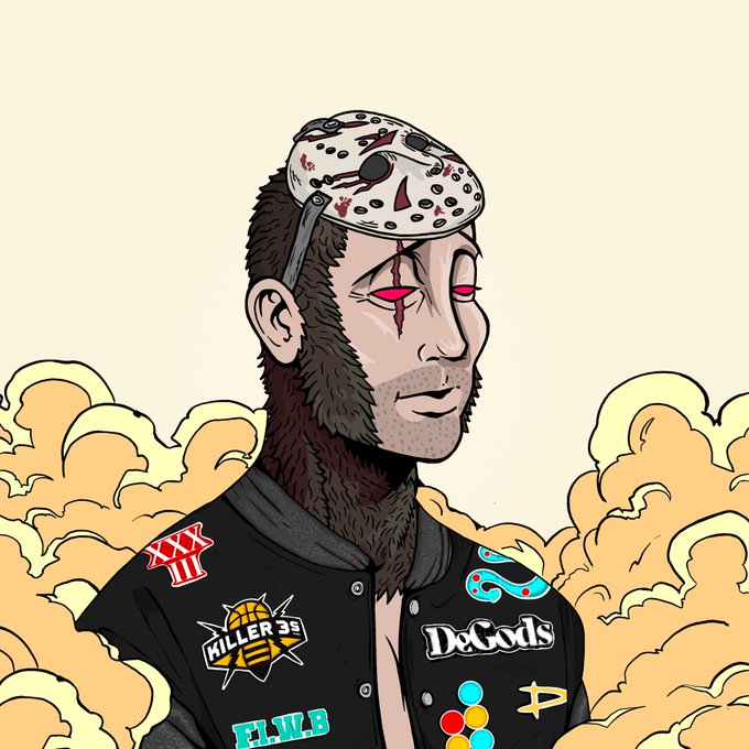 A cartoon illustration of a bearded character wearing a Jason Voorhees hockey mask tilted on his head and a vest adorned with patches reading "XXX III," "KILLER 3'S," "DeGods," and "F.W.B."