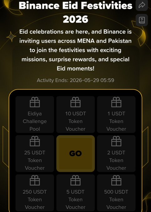 The image shows a smartphone screen displaying an advertisement for a charity event, specifically related to Eid celebrations. The advertisement features a large yellow square with the words "Binance Eid Festivities" written above it. Below this, there are smaller squares containing information about the event and how to participate in it. The text on the screen includes details such as the event's duration, the type of gifts accepted (tokens), and the charity organization involved.