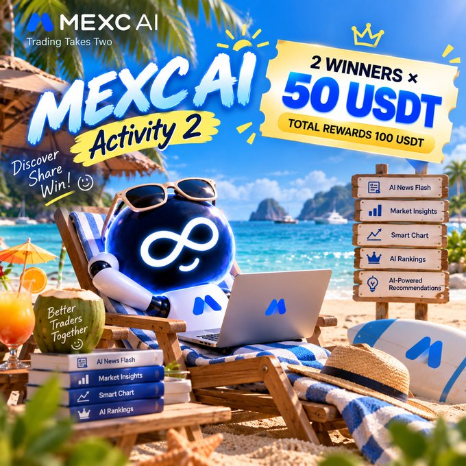 Promotional advertisement for 'MEXC AI Activity 2' offering '2 WINNERS x 50 USDT' rewards, featuring a beach scene with a laptop displaying the platform's logo.