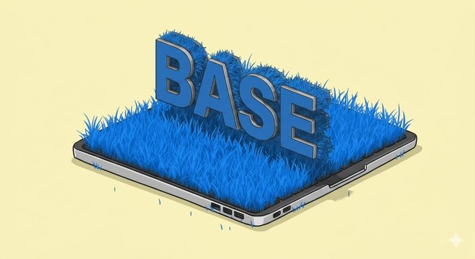 The image features a laptop with the word "BASE" written on its screen. The laptop is placed on a bed of grass, creating an interesting juxtaposition between technology and nature. The text "base" is also present in the image, further emphasizing the theme of the base being built at Base New Builders.