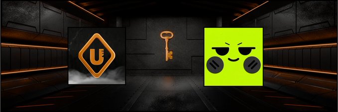A digital image with a futuristic metallic background featuring three central icons: a golden Unreal Engine logo, an antique-style golden key, and a bright green square face with sunglasses and headphones.