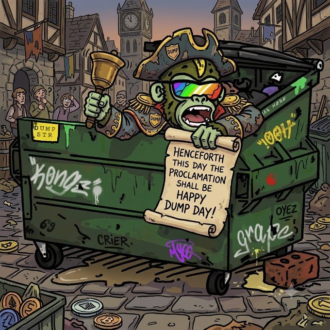 Cartoon illustration of a green ape character dressed as a town crier, wearing rainbow sunglasses and a pirate hat, ringing a bell and unrolling a scroll that reads 'HENCEFORTH THIS DAY THE PROCLAMATION SHALL BE HAPPY DUMP DAY!' in a medieval-style street filled with crypto-themed graffiti.