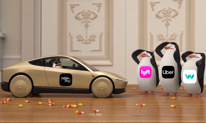 A humorous digital image featuring a golden Tesla robotaxi driving past three penguins with app logos for 'lyft', 'Uber', and 'W', with a '@cb_doge' watermark.