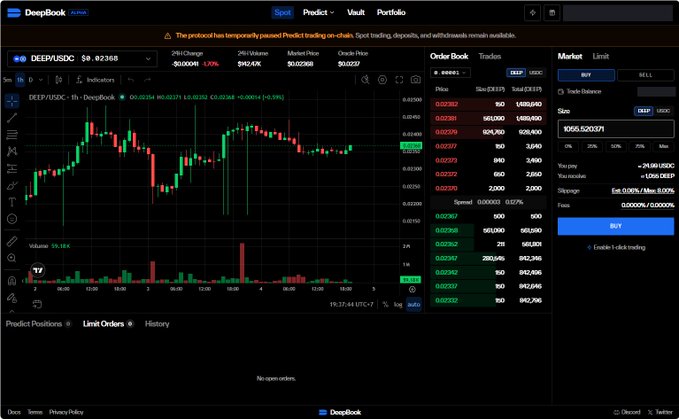 A screenshot of the DeepBook trading interface on Sui blockchain, showing a DEEP/USDC candlestick chart with order book, market details, and trade execution panel.