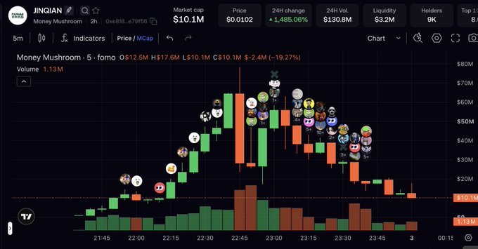 A trading chart showing JINQIAN (Money Mushroom) token on a DEX screener, displaying its rapid price surge and subsequent crash over a 2-hour period, with the market cap dropping from a peak of $78M to $10.1M, illustrating the volatile "roller coaster" pattern of newly launched meme tokens.