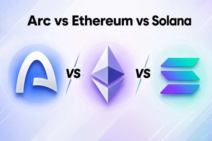 A comparison graphic titled 'Arc vs Ethereum vs Solana' displaying the stylized logos for Arc, Ethereum, and Solana separated by 'VS' text against a white and blue background.