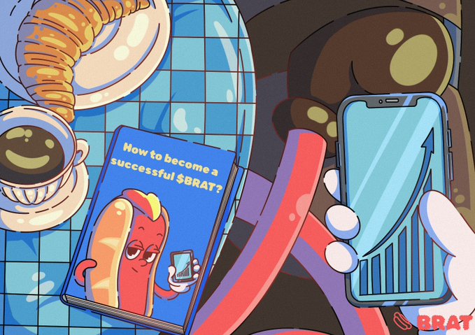A cartoon illustration featuring a book titled 'How to become a successful $BRAT?' with a hot dog character holding a smartphone displaying a rising chart, alongside a hand holding a phone and a croissant.