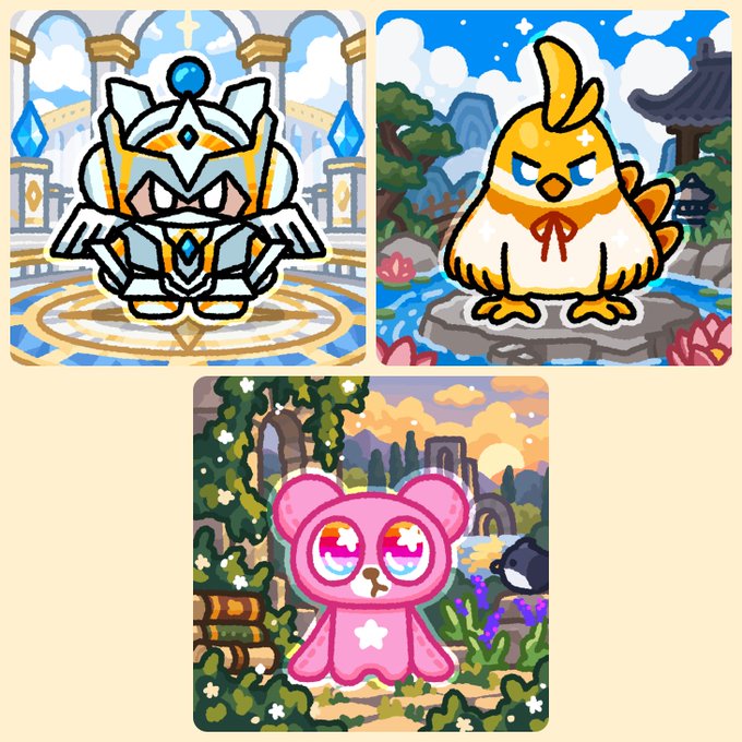 Three pixel-art NFT characters are displayed: a radiant silver and gold armored Paladin with glowing blue gems in a cathedral setting (top left), a marigold-colored chick with a red ribbon standing on a rock by a Japanese-style garden (top right), and a strawberry-pink teddy bear with starry eyes in a lush garden with a sunset (bottom center), corresponding to the Chimpanions Wardrobe re-roll transactions listed.