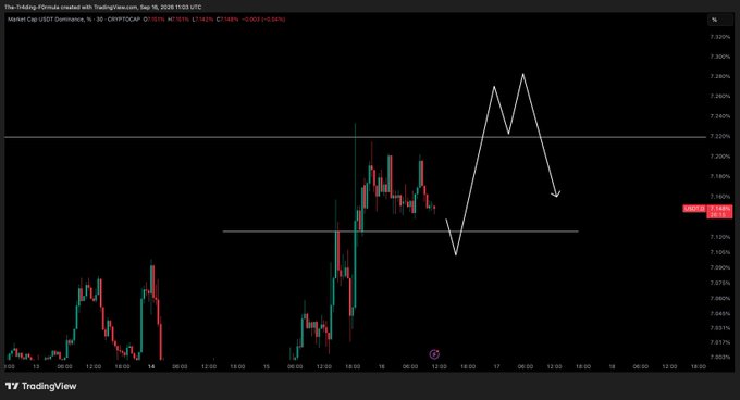 A 30-minute TradingView candlestick chart of USDT.D (USDT Dominance) shows the ticker at 7.1151 (+0.94%), with hand-drawn white arrows projecting a short-term dip toward horizontal support near 7.10–7.11% before a larger move higher, aligning with the post's expectation of a brief decline before USDT dominance rallies.