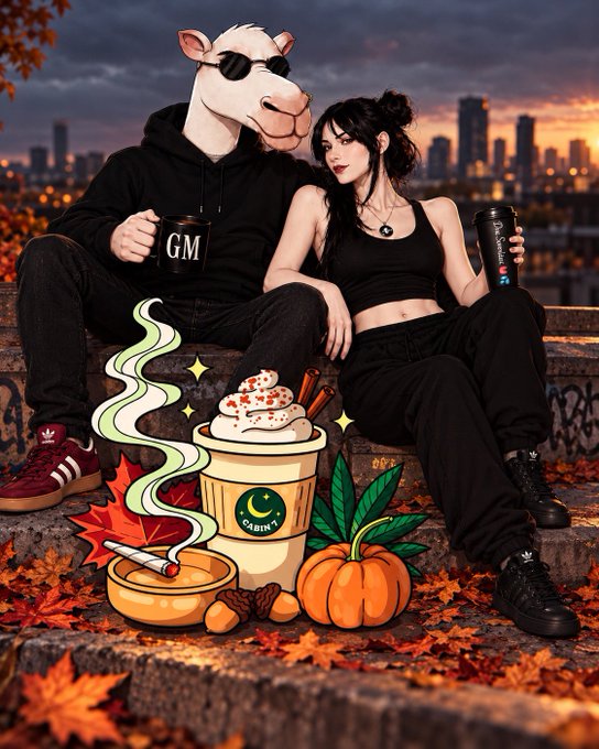 Illustration of an anthropomorphic llama wearing sunglasses and a hoodie sitting next to a dark-haired woman in black clothing, with a stylized coffee cup, a pumpkin, and autumn leaves in the foreground against a city skyline at sunset.