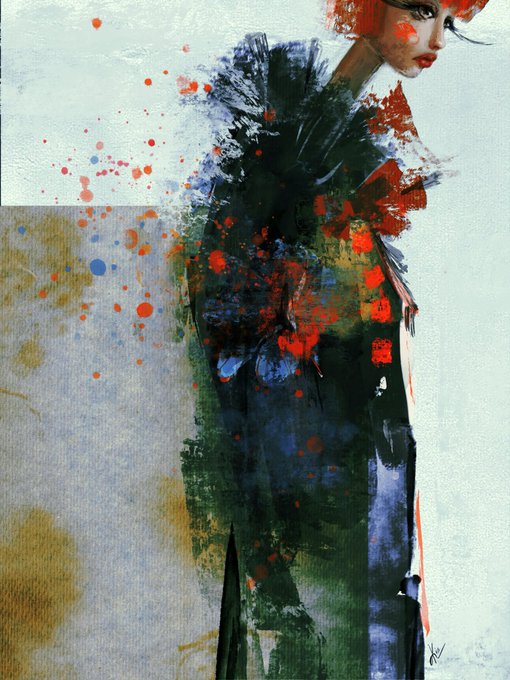 A mixed-media painting of a woman with red hair wearing a dark green and blue textured dress with red paint splatters scattered across the canvas.