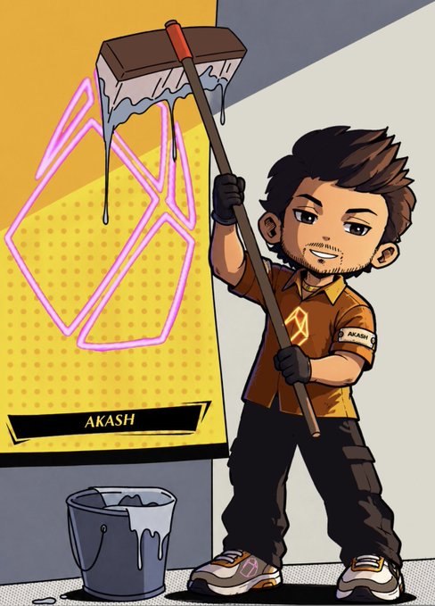 A cartoon-style illustration shows a character labeled 'AKASH' using a large roller to paint over a glowing pink symbol.
