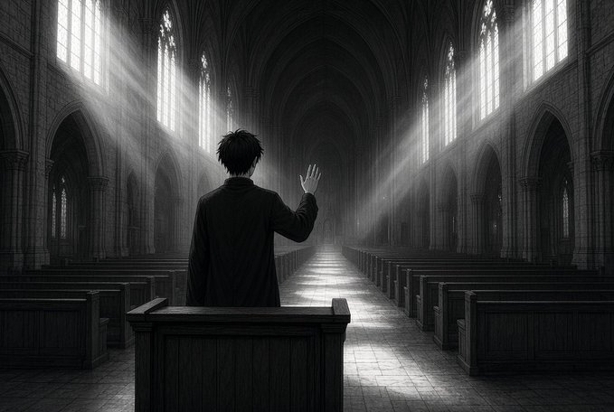 A lone figure stands in an empty Gothic cathedral with one hand raised toward shafts of light streaming through the stained glass windows, echoing the "webinar and CTA" metaphor of addressing an unseen congregation. The image visually parallels the post's point by depicting a solitary speaker commanding a vast, attentive (if absent) audience in a sacred space designed for weekly gatherings.