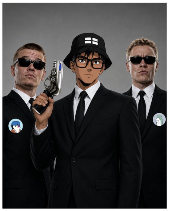 A composite image blending anime and live-action styles, showing an anime character in a suit holding a futuristic gun, flanked by two men in black suits and sunglasses reminiscent of Men in Black, with Doraemon and Doraemon-style patches on their lapels.