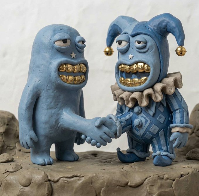 Two blue clay-like figures shake hands—one a simple rounded creature and the other a jester with bells on its hat—both sporting gold teeth in menacing grins. The image ties to the mint announcement by visualizing a deal or partnership, with the "jester" figure likely representing the Jesters NFT community mentioned in the post alongside the @just_t00ns mint details.