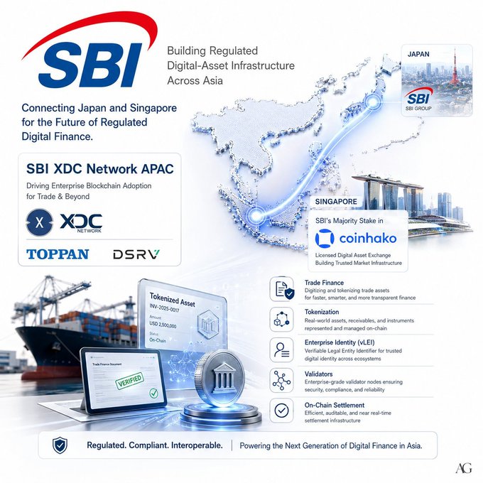 A promotional graphic for 'SBI' titled 'Building Regulated Digital-Asset Infrastructure Across Asia,' highlighting the 'SBI XDC Network APAC' connecting Japan and Singapore with partners like Toppan, DSRV, and Coinhako.