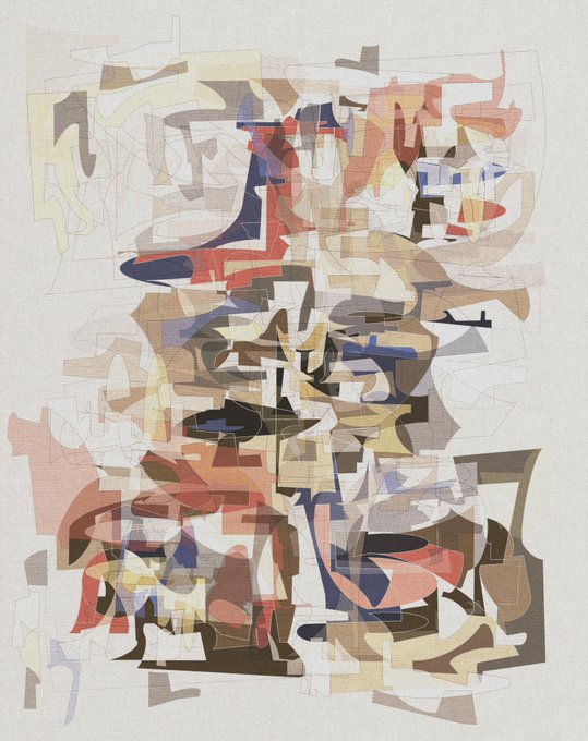 An abstract collage painting featuring overlapping geometric and organic shapes in muted reds, blues, browns, and yellows against a textured off-white background.