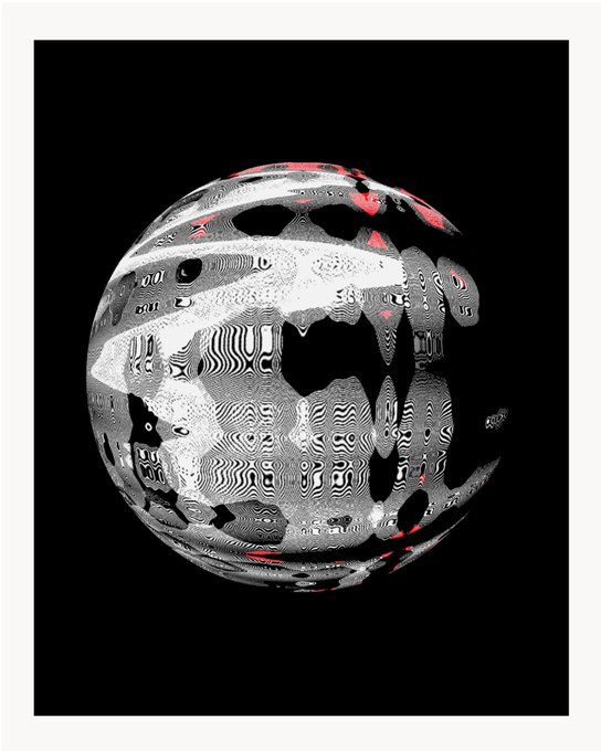A stylized digital illustration of a sphere featuring abstract black, white, and red patterns with wavy designs and holes, set against a black background.