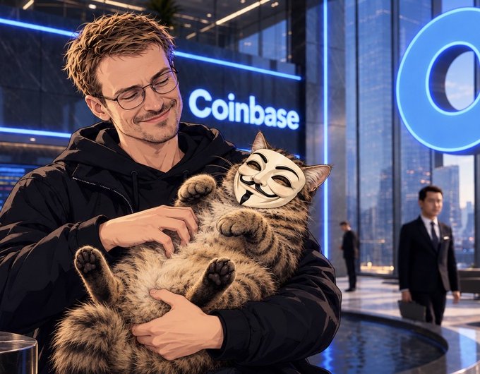 An AI-generated or edited image of a man holding a cat wearing a Guy Fawkes mask in front of a "Coinbase" sign.