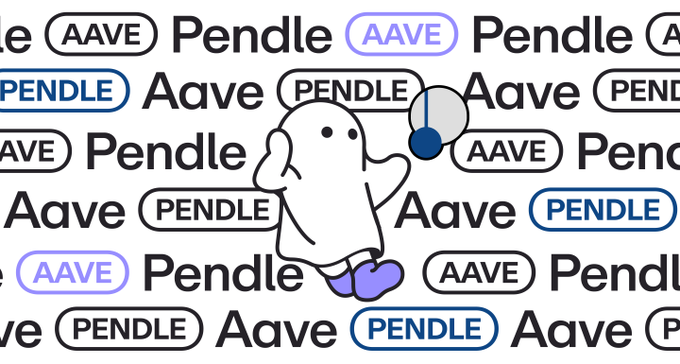 A cartoon ghost-like character holding a blue token appears over a background tiled with "Pendle," "Aave," "AAVE," and "PENDLE" logos, visually representing the integration of Pendle's PT Looping feature with Aave's Senior USDe market. The repeating Aave branding highlights the lending protocol partnership mentioned in the post.