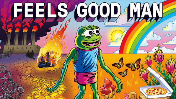 A meme image with bold text 'FEELS GOOD MAN' above Pepe the Frog standing in a contrasting scene with burning buildings, barbed wire, and a rainbow with flowers and pizza.
