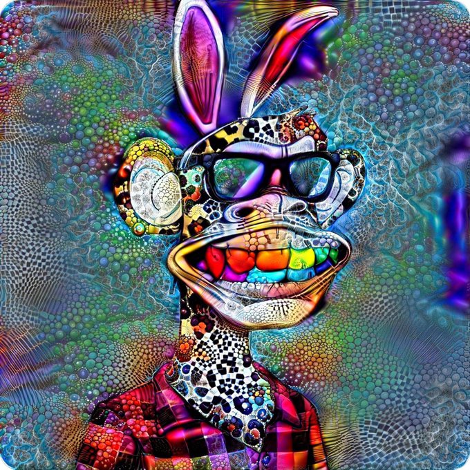 A colorful, psychedelic digital illustration of a cartoon character with bunny ears, sunglasses, and a wide smile covered in bubble patterns.