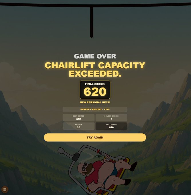 A video game 'Game Over' screen displaying 'CHAIRLIFT CAPACITY EXCEEDED' with a final score of 620 and a 'TRY AGAIN' button, featuring cartoon characters on a chairlift against a mountain backdrop.