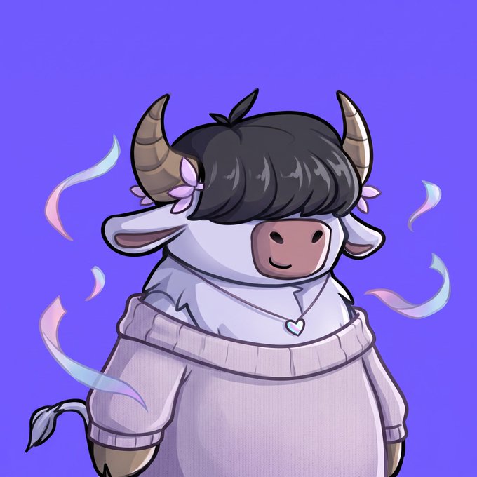 A cute cartoon bull character with dark hair, horns, and small flowers, wearing a cozy lavender sweater and heart necklace, surrounded by pastel energy swirls on a purple background—perfectly embodying the cheerful, bullish spirit of the "GM bulls" greeting and the introduction of "sophiebull."
