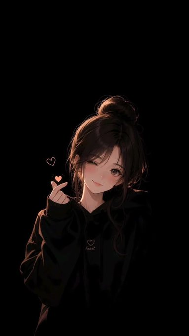An anime-style digital illustration shows a smiling girl with dark hair in a bun making a finger heart gesture, wearing a black hoodie with a small heart and 'heart' text on it.