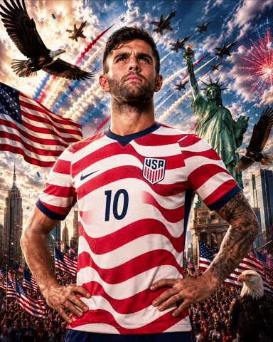 The image features a man wearing an American soccer jersey with the number 10, standing against a patriotic backdrop of flags and fireworks. The man appears to be posing for a photo or participating in a sports event. In the background, there are several other people present as well.