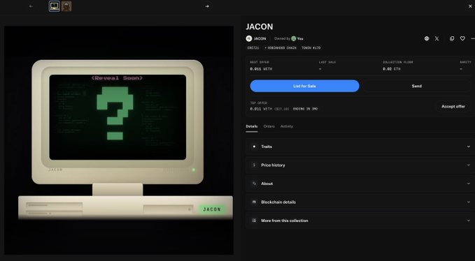 A screenshot of an NFT marketplace page displaying a JACON (JACON) collection item priced at 0.031 WETH, featuring a retro computer monitor graphic with a pixelated green question mark and the text "Reveal Soon?" that relates to the user's post about minting their @JaconLab NFT.