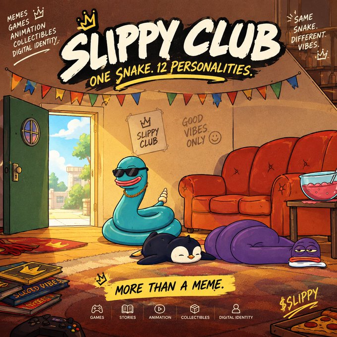 Promotional artwork for 'SLIPPY CLUB' features a cartoon snake character wearing sunglasses alongside other colorful snake characters in a room, with text advertising 'ONE SNAKE. 12 PERSONALITIES.' and categories like games, stories, animation, collectibles, and digital identity.