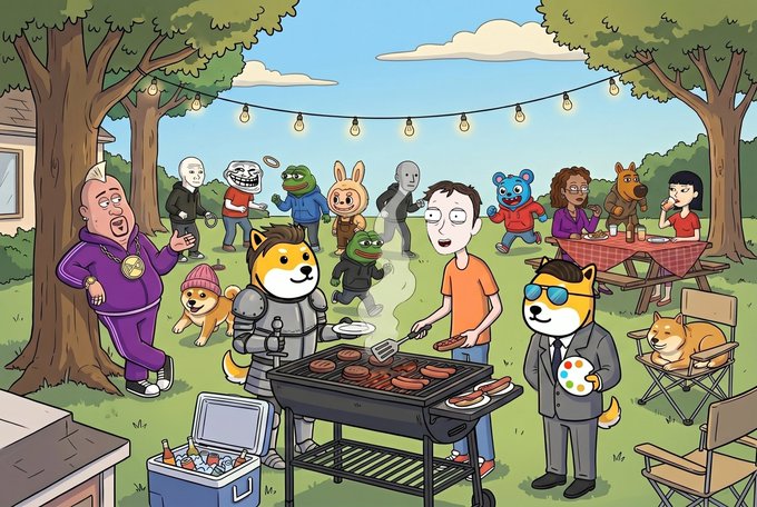 A colorful cartoon illustration depicting a chaotic backyard barbecue gathering featuring various meme characters, including Doge, Wojak figures, Pepe the Frog, and a man grilling burgers under string lights.