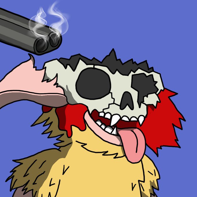 A cartoon drawing of a dog-like creature with a skull face, red ears, and a tongue hanging out, looking at the smoking barrels of a double-barrel shotgun pointed at its head against a blue background.