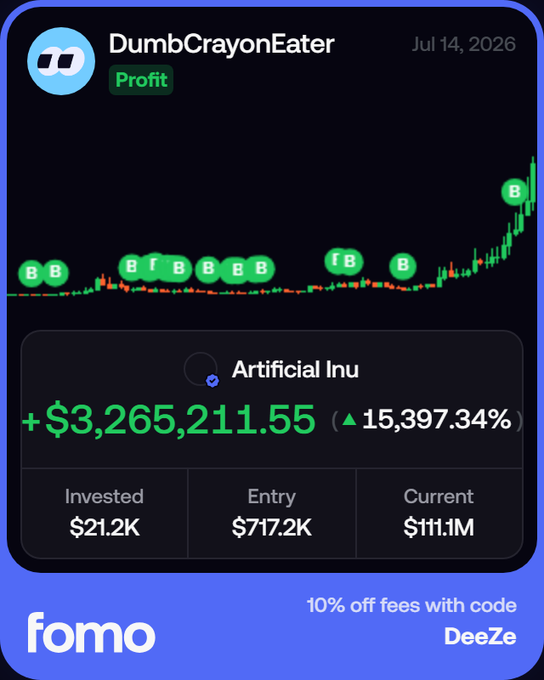 The image shows a "fomo" app trade card for DumbCrayonEater's position in the token "Artificial Inu," displaying a profit of +$3,265,211.55 (15,397.34%) with markers labeled "B" (buy) and "rB" across the chart. The post's claim about reaching 8-figure unrealized PnL aligns with the chart's steep upward trajectory, suggesting DumbCrayonEater could push profits past $10 million if the trend continues.
