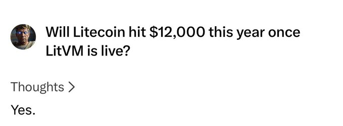 A social media post asks 'Will Litecoin hit $12,000 this year once LitVM is live?' with the reply 'Thoughts > Yes.'