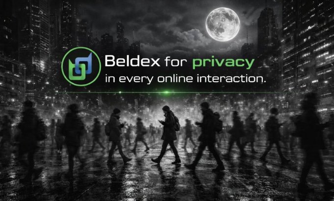A dark advertisement banner for 'Beldex for privacy in every online interaction' is displayed over a black-and-white cityscape with silhouettes of walking people.