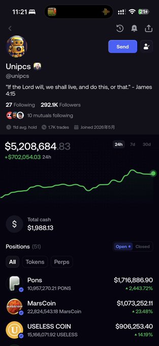 Screenshot of Unipcs's wallet showing a $5,208,684.83 portfolio with 5 open positions, highlighting $Pons ($1,716,886.90), MarsCoin ($1,073,252.11), and USELESS COIN ($906,253.40) across Robinhood, BNB chain, and Solana respectively.