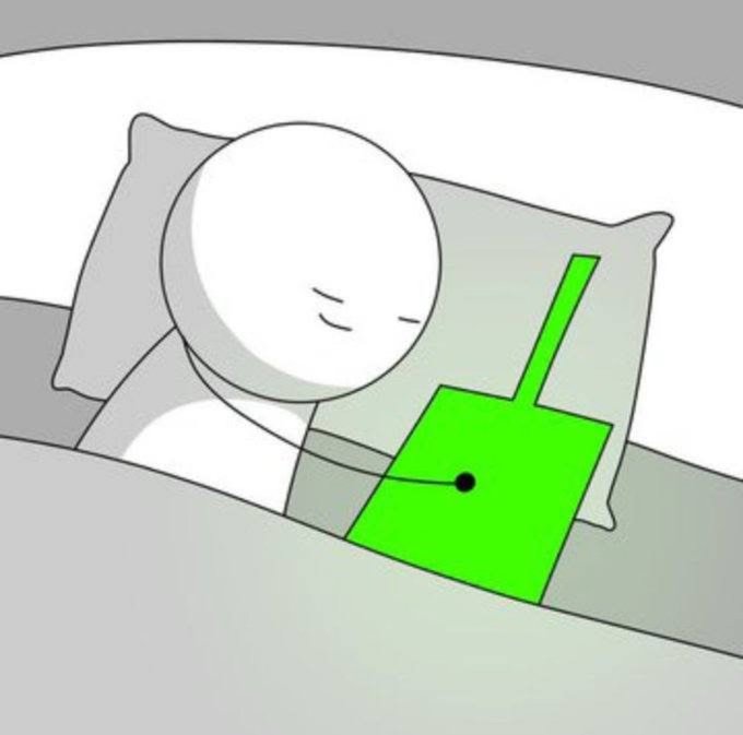 A cartoon illustration shows a white character sleeping peacefully in a bed with a gray pillow and blanket, with a green device featuring an antenna and a black dot (resembling an old computer) resting beside them on the bed.
