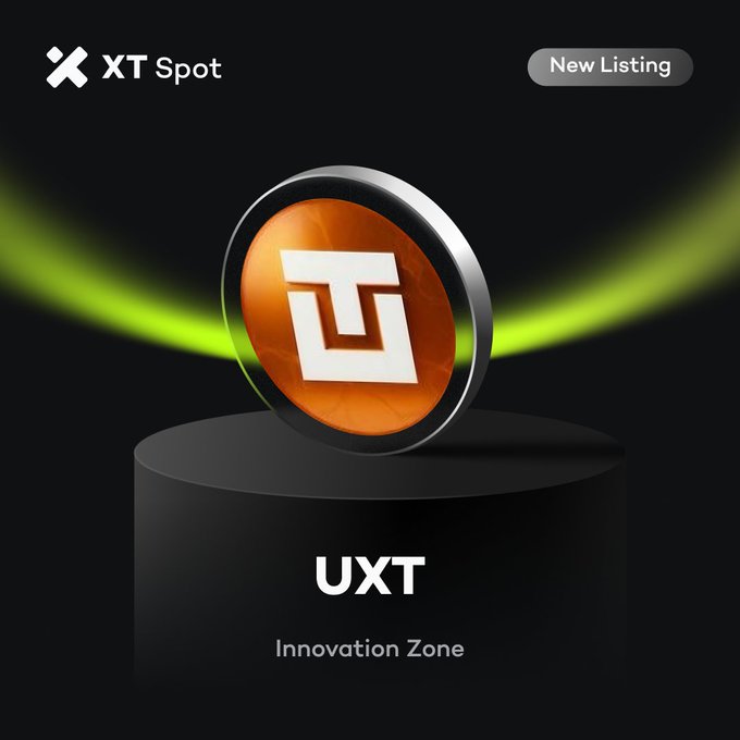 A promotional graphic from XT Spot announces the new listing of UXT in the Innovation Zone, featuring the UXT coin emblem displayed on a podium against a dark background with a green glow. The "New Listing" badge in the corner and the post's details confirm the announcement of UXT's upcoming trading availability on the exchange.