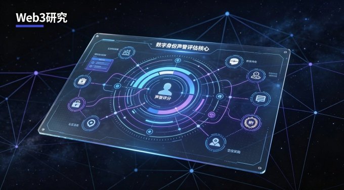 A futuristic digital dashboard labeled "数字身份声誉评估核心" (Digital Identity Reputation Assessment Core) displays a central "声誉评分" (Reputation Score) interface surrounded by interconnected icons, visually representing how NucleusCodes aggregates on-chain activity, social engagement, and community participation to build a Web3 identity and distribution layer. The glowing network of nodes and data points symbolizes the interconnected reputation signals being evaluated.