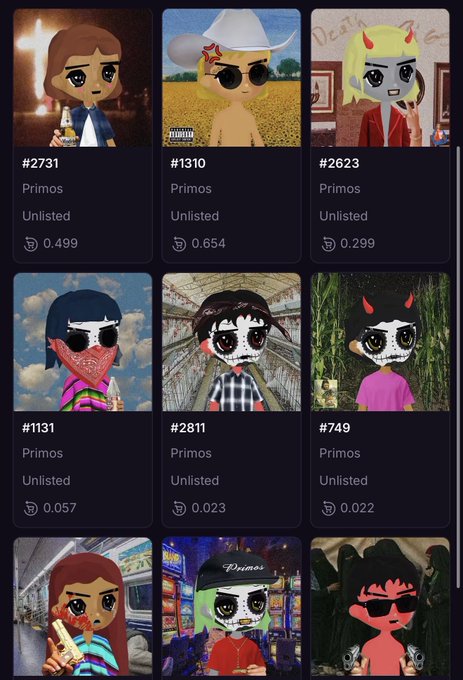 The image shows a gallery of nine Primos NFT avatars, each displayed with a unique #numbered identifier (e.g., #2731, #1310, #2623, #1131, #2811, #749) and an ETH price, all marked as "Unlisted." The cartoon characters feature diverse stylized designs—including cowboys, demons, and various individuals with distinct fashion and accessories—illustrating the original poster's personal collection of unique Primos NFTs.